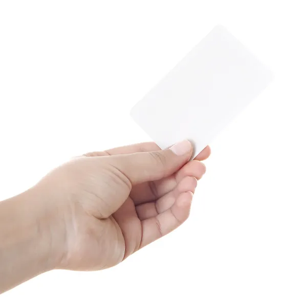 Business card in woman hand on white — Stock Photo, Image