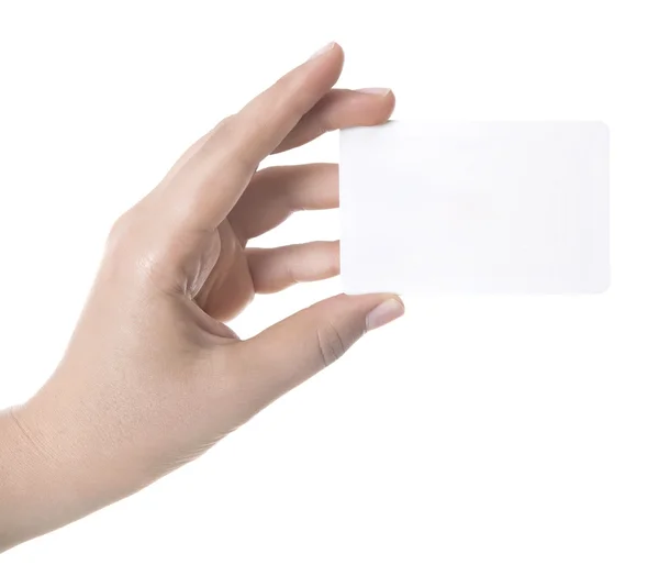 Business card in woman hand on white — Stock Photo, Image