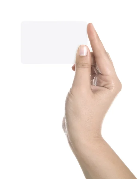 Business card in woman hand on white — Stock Photo, Image