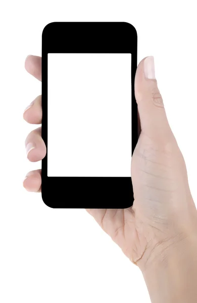 Mão segurando telefone celular tela em branco — Fotografia de Stock