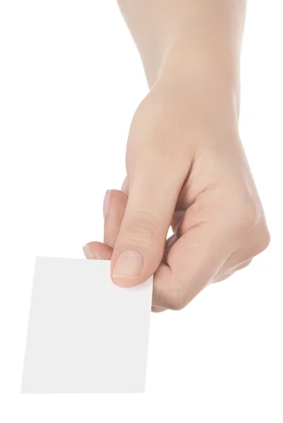 Business card in woman hand on white — Stock Photo, Image