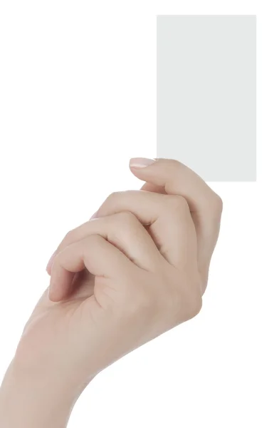 Business card in woman hand on white — Stock Photo, Image