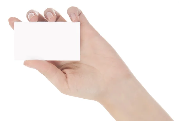 A nő kezében fehér névjegykártya — Stock Fotó