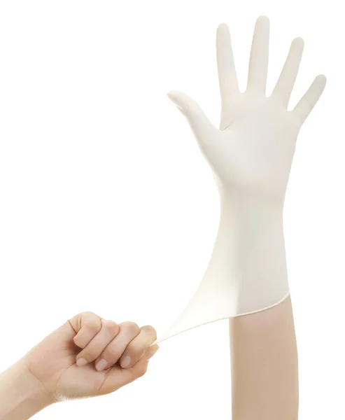 为准备治疗医生手中白卫生手套 — 图库照片
