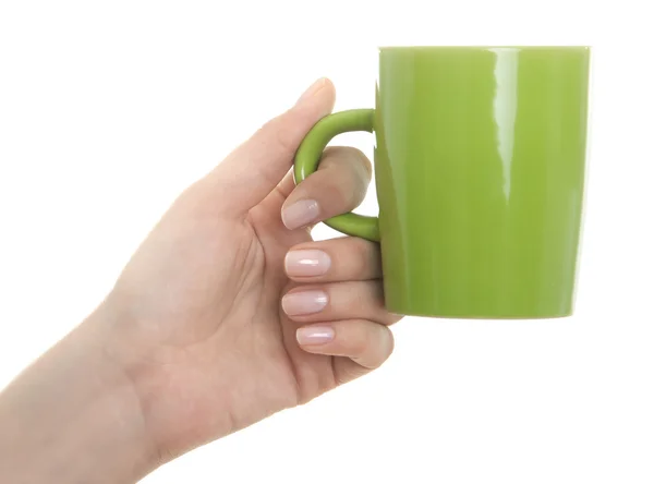 白のコーヒーのマグカップを持っている女性手 — ストック写真
