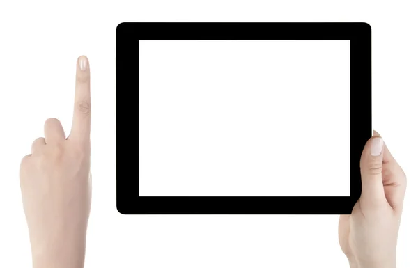 Mano sosteniendo la pantalla en blanco Tableta digital —  Fotos de Stock