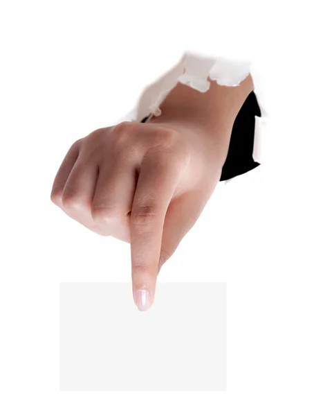 Візитна картка в руці жінки на білому — стокове фото