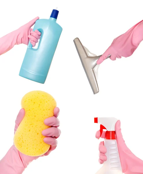 Hand holding a detergent, liquid, squeegee and sponge. Isolated — Stock Photo, Image