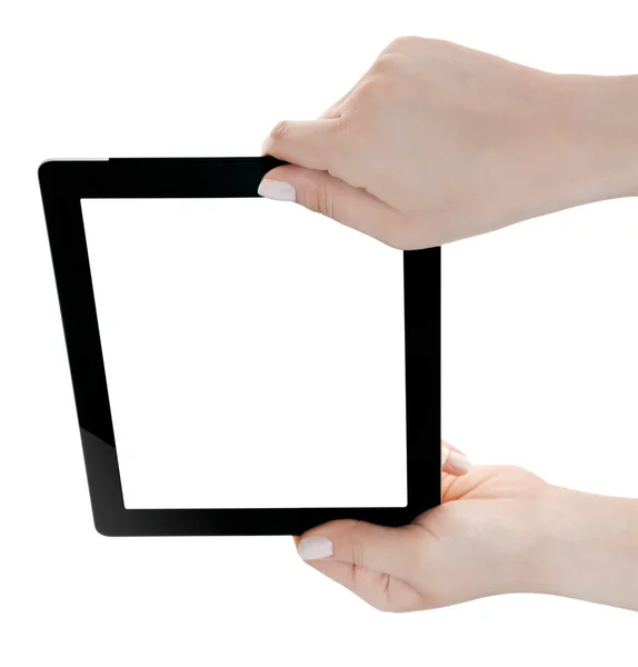 Kädessä pidettävä tyhjä näyttö Digitaalinen tabletti — kuvapankkivalokuva