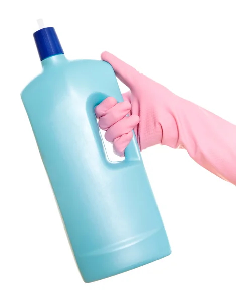 Guante de mano sosteniendo un detergente — Foto de Stock