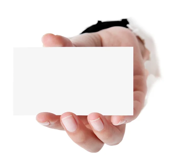 Cartão de visita na mão da mulher no branco — Fotografia de Stock