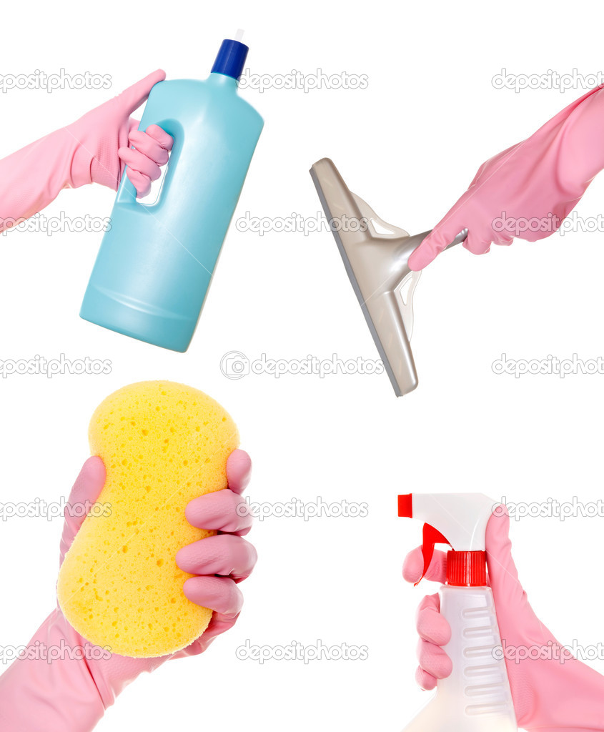 Hand holding a detergent, liquid, squeegee and sponge. Isolated