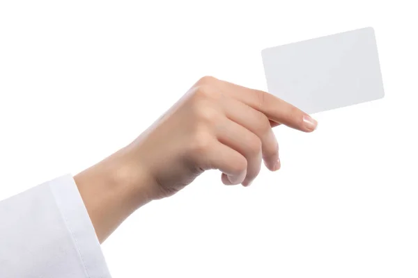 Cartão Visita Branco Mão Mulher — Fotografia de Stock
