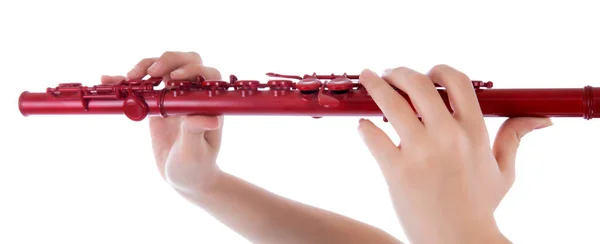 Vrouw Speelt Fluit Tegen Witte Achtergrond — Stockfoto