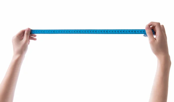 Mano Mujer Sosteniendo Cinta Métrica Blanca Sobre Fondo Blanco —  Fotos de Stock