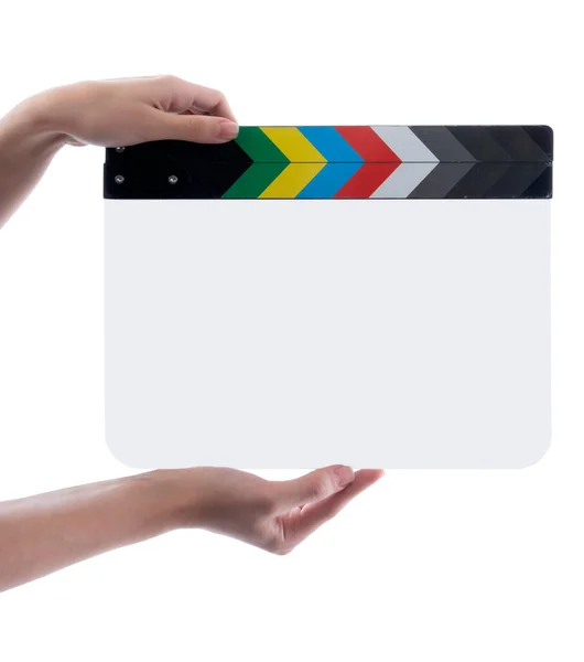 Hand Houdt Clapper Board Filmlei Vast Het Wordt Gebruikt Videoproductie — Stockfoto