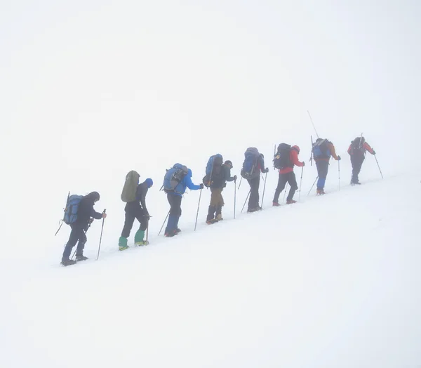 En grupp klättrare i dimman Stockbild