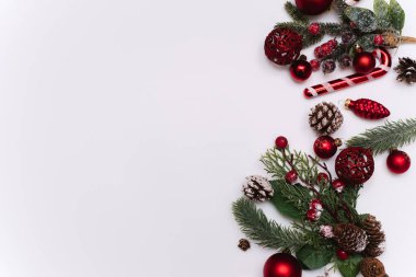 Beyaz arka planda kırmızı oyuncakları ve topları olan bir ağacın dallarının Noel fotoğrafı.
