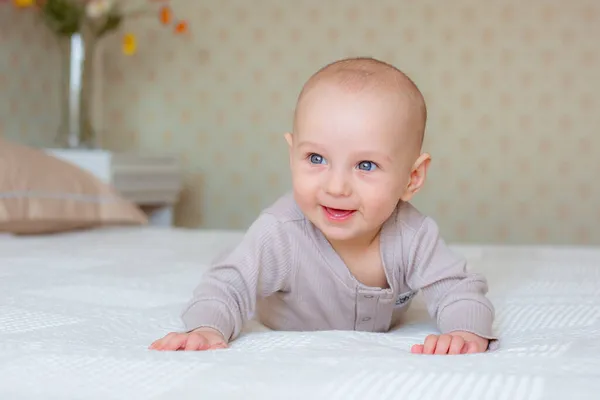 Baby Boy Lying Bed Bedroom His Stomach — Stock Photo, Image