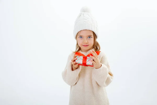 Cute Little Kid Winter Hat Boxes Gifts Isolated White Background — Fotografia de Stock