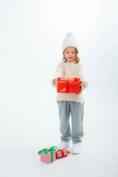 Cute Little Kid Winter Hat Boxes Gifts Isolated White Background Stockbild