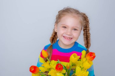 a cute little girl in a multicolored sweater holds a bouquet of spring flowers on a white background