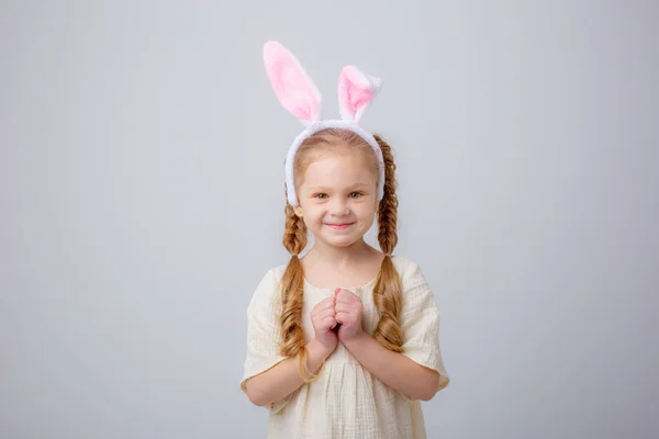 Cute Little Girl Bunny Ears White Background Portrait — Stock fotografie