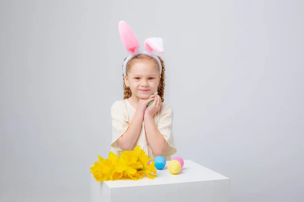 Cute Little Girl Bunny Ears White Background Basket Easter Eggs — Stockfoto