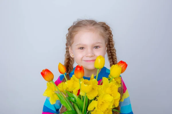 Cute Little Girl Multicolored Sweater Holds Bouquet Spring Flowers White — Stok fotoğraf