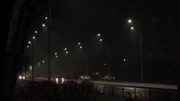 Prognoza pogody, anomalia, stan wyjątkowy, element, koncepcja zimowa - panoramowanie nieustabilizowanego ręcznego pędu opadów śniegu. Spadające płatki śniegu w świetle lampy ulicznej na nocnej drodze z samochodem. pierwszy śnieg w Kijowie — Wideo stockowe
