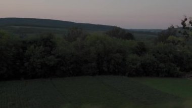 Yüksek hızlı trenden manzarası olan doğa yolu manzarası akşam gökyüzünde arabasıyla yaz arkaplanında gün batımı. Kırmızı batan güneş ufukta. Ulaşım, seyahat, demiryolu, iletişim konsepti