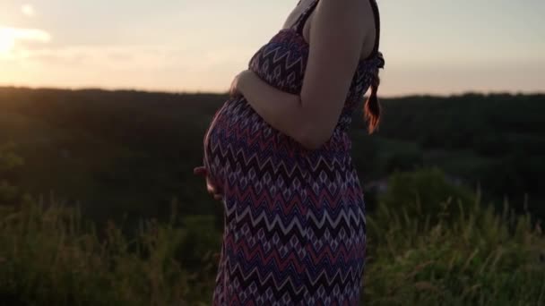 Szczęśliwa ciężarna kobieta dotykająca swojego brzucha na szczycie góry w wysokiej trawie przed zachodem słońca. opiekuńcza matka głaszcze duży brzuch dłońmi. ciąża, macierzyństwo, ludzie, oczekiwania, koncepcja lata — Wideo stockowe
