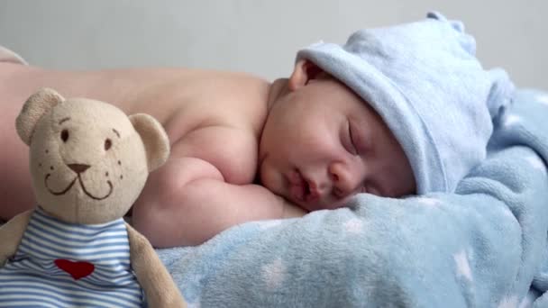 Infância, infância, saúde, amor, conceito de cuidado - visão superior close-up rosto de recém-nascido nu dormindo bebê menino no chapéu deitado no estômago com brinquedo ursinho de pelúcia no banquete azul macio na cama em casa — Vídeo de Stock