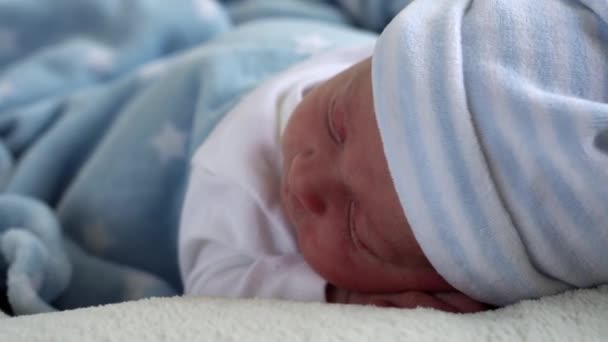 Close-up Retrato de Rosto de Bebê Recém-nascido Primeiros Dias Dormindo docemente em Tummy Blue White Background. Criança no início minutos de vida no chapéu. Bebês, Parto, Primeiros Momentos de Borning, Princípio de Início — Vídeo de Stock