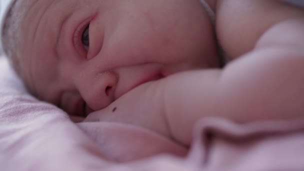 Close up Portret gezicht pasgeboren naakt baby op moeders borst na de bevalling. Moeder houdt baby kind vast na de bevalling in het ziekenhuis. Moma die geboorte geeft aan Kid Boy. Ouder en zuigeling eerste momenten van Borning — Stockvideo