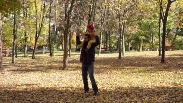 Szczęśliwy śmieszne rodzina tatuś dzieci bawić się w parku z tatą korzystających jesienią jesień natura pogoda. ojciec Kid siedzieć na ramionach toczenia spędzić czas zbierać liście razem bawiąc się na krajobraz lasu — Wideo stockowe