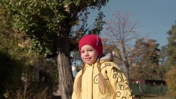 小さなかわいい就学前の赤ちゃん赤い暖かい帽子の妹女の子カメラを見て黄色の落ち葉バスケットで赤いアップルは、秋の公園でカメラの寒さを見て食べます。子供時代、家族、秋のコンセプト — ストック動画