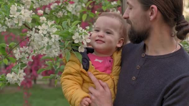 Orang-orang di taman. Ayah memegang bayi perempuan dalam pelukan dekat pohon apel mekar dan mengendus bunga. orang tua dan anak-anak menyenangkan berjalan di luar ruangan terbuka. Ayah hari, masa kecil, konsep orang tua — Stok Video