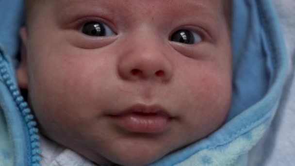 Blick des Babys in der Kamera Nahaufnahme. Säugling, Kindheit, elterliche Liebe, Emotionskonzept - niedlich lächelndes Gesicht des braunäugigen pausbäckigen Neugeborenen in weicher blauer Jacke, das sich wach auf dem heimischen Bett umsieht — Stockvideo