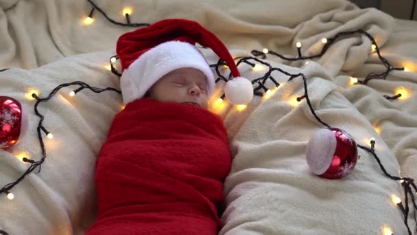 Top View Portrait First Days Of Life Newborn Cute Funny Sleeping Baby In Santa Hat Wrapped In Red Diaper At White Garland Background. Merry Christmas, Happy New Year, Infant, Childhood, Winter Concept — Stock Video