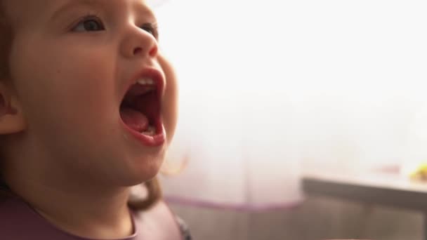 Nourriture, nutrition, concepts d'enfance - plan moyen Maman nourrissant bébé avec cuillère en caoutchouc. Mignon enfant affamé habillé en dossard assis dans la chaise des enfants ne veulent pas manger de la plaque à l'intérieur. n'aiment pas d'abord — Video