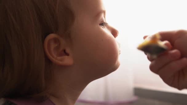 Voedsel, voeding, jeugdconcepten - medium shot Mam voedt baby 's met een rubberen lepel. Schattig hongerig kind gekleed in slabbetjes zitten in kinderstoel wil niet eten van bord binnen. afkeer eerst — Stockvideo