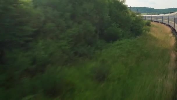 Вид сбоку скоростного разворотного поезда на пейзаж красивой природы дикого поля и леса на вечернем пасмурном закате неба на летнем фоне. Концепция транспорта, путешествий, железных дорог, коммуникаций — стоковое видео