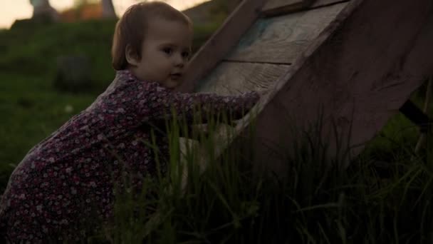 本物のかわいい赤ちゃんの女の子のドレス春の夕日で木製の階段を登るしようとします。遊び心のある子供のクローリーの芝生の自然の中で太陽が昇る。小児期,親,無力感の概念 — ストック動画