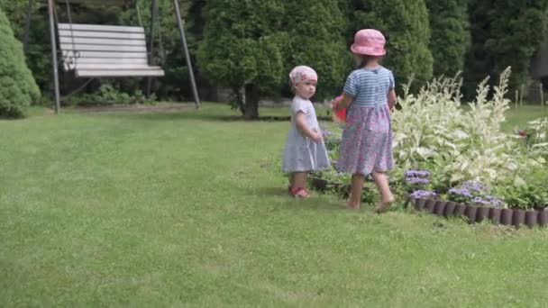 Çok Renkli Plaj Balosu 'yla koşan Mutlu Çocuklar. Güneşli yaz gününde Idyllic Banliyö Evi 'nin arka bahçesinde iki küçük kız kardeş oyun oynuyor. Çocukluk, aile kavramı — Stok video