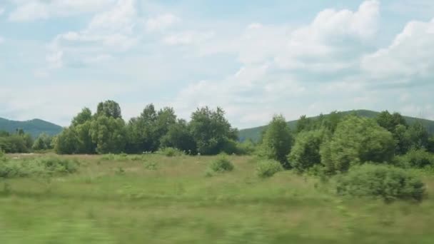 Blick aus dem Fenster des Hochgeschwindigkeitszuges auf Landschaft der schönen Natur wilde Feld und Bergwald an bewölkten sauberen sonnigen Tag im Sommer Hintergrund. Verkehr, Reisen, Bahn, Kommunikationskonzept — Stockvideo