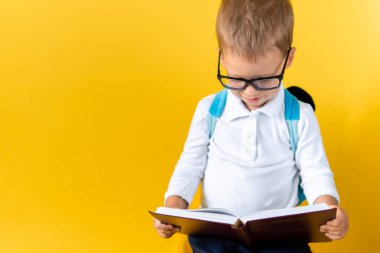 Büyük Gözlüklü Komik Anaokulu Çocuğu Sarı Arkaplan Kopya Uzayı Üzerine Kitap Okudu. Gülümseyen Çocuk, Anaokuluna geri dön. Başarı, Motivasyon, Kazanan, Dahi, Süper kahraman konsepti
