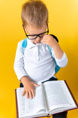 Büyük Gözlüklü Komik Anaokulu Çocuğu 'nun Portresi sandalyede oturup Sarı Arkaplan Üzerine Kitap okuyor. Gülümseyen Çocuk, Anaokuluna geri dön. Başarı, motivasyon, deha, süper kahraman konsepti