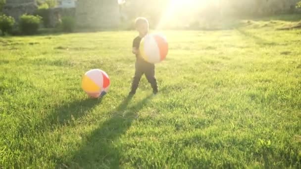Літо, відпустка, природа, щаслива сім'я, дитинство, дружба - двоє маленьких дітей дошкільного віку, діти-близнюки бігають грати весело з великим надувним м'ячем у парку на траві на заході сонця — стокове відео