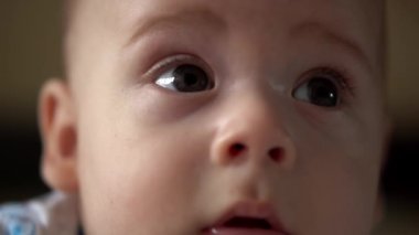 Yenidoğan Aktif Bebek Sevimli Gülümseyen Dişsiz Yüz Portresi Mide Gelişen Boyun Kontrolü Üzerine İlk Günler. 5 aylık çocuk beyaz yatakta kameraya bakıyor. Bebek, Doğum, Ebeveynlik, Başlangıç Konsepti